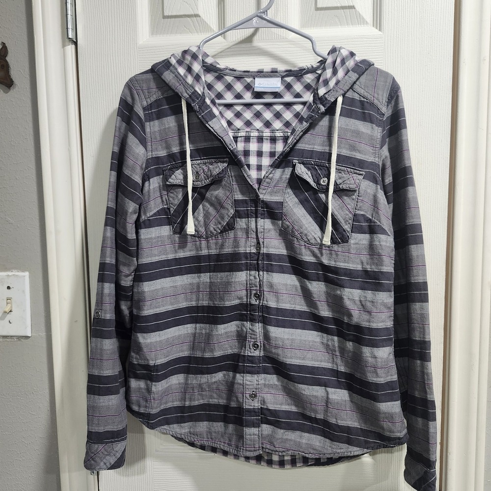 Columbia Women's Plaid Hooded Button Front Shirt Small Gray Purple Cotton Casual